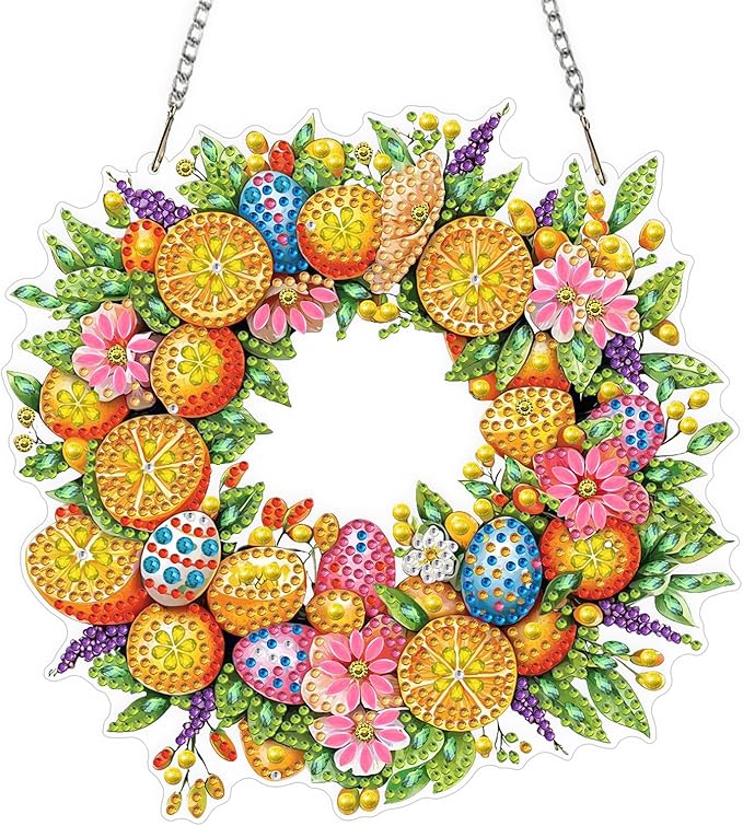 QENSPE Diamond Painting Art Hanging Kits for Adults, 5D Easter Eggs Special Shape Diamond Paingting Ornaments with Chain, DIY Flower Wreath Crystal Window Pendants for Home Wall Decor Gifts 8X8 inch