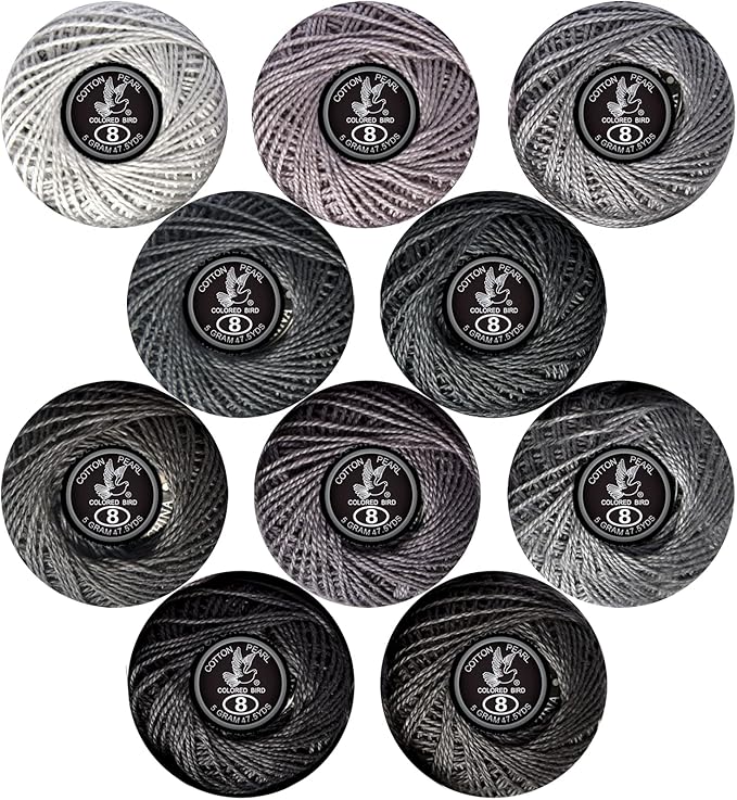 Colored BIRDCrochet Thread, Size 8 Crochet Yarn，2 Ply Cotton Yarn, 10 Balls (Grey Series)