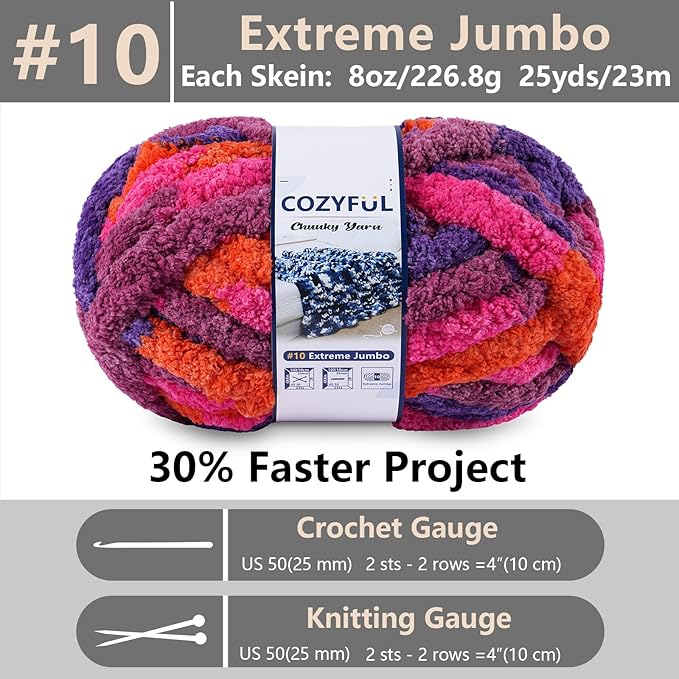 Chunky Yarn for Hand Knitting - #10 Chunky Chenille Blanket Yarn, Jumbo Big Thick Chunky Yarns for Crocheting, Tie Dye Bulky Knit Yarns, 8 Skein (25 yds 8 oz Each Skein), Orange&Rose&Purple