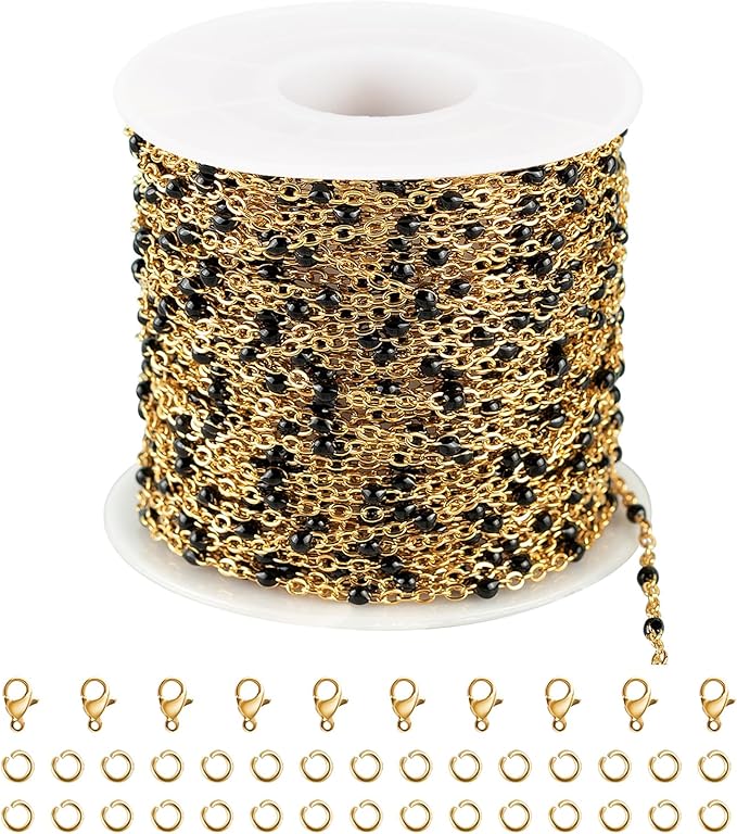 UMAOKANG 10 Meters Gold Plated Chains for Jewelry Making Black Enamel Bead Stainless Steel Link Chain on Spool