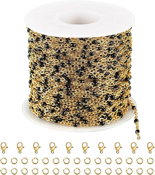 UMAOKANG 10 Meters Gold Plated Chains for Jewelry Making Black Enamel Bead Stainless Steel Link Chain on Spool