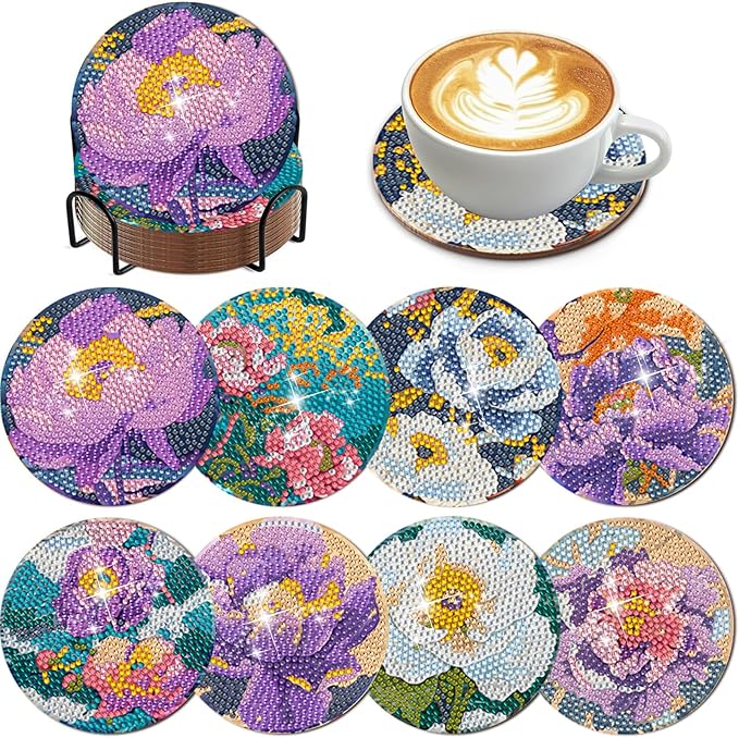 EWJRNSF 8 PCS Diamond Art Coasters Kit, Small Diamond Painting Coasters, Fall Diamond Art Kits for Adults Beginners, Arts and Crafts Supplies Item Sets with Holder