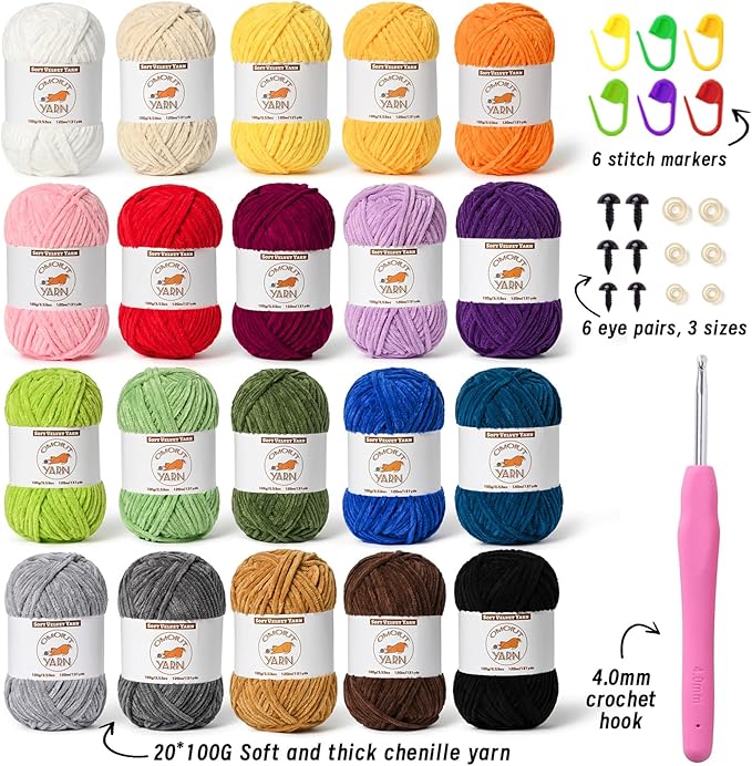 20 Skeins Fluffy Chenille Yarn for Crocheting, Soft Bulky Velvet Yarn for Knitting, Plush Baby Blanket Crochet Yarn, 2620 Yards Multicolor Amigurumi Yarns for Crafts Set A