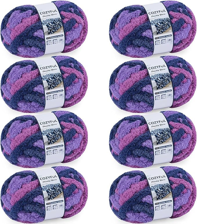 Chunky Yarn for Hand Knitting - #10 Chunky Chenille Blanket Yarn, Jumbo Big Thick Chunky Yarns for Crocheting, Tie Dye Bulky Knit Yarns, 8 Skein (25 yds 8 oz Each Skein), Multi Purple