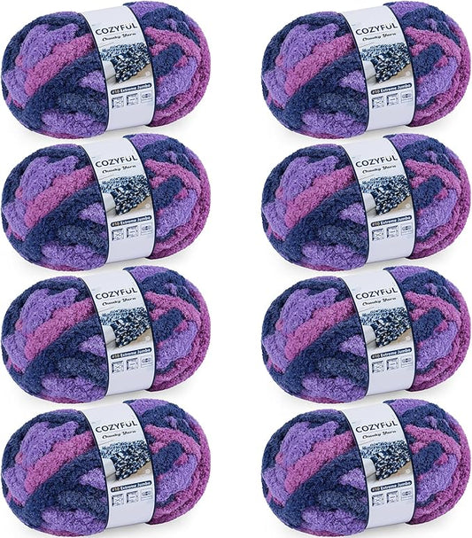 Chunky Yarn for Hand Knitting - #10 Chunky Chenille Blanket Yarn, Jumbo Big Thick Chunky Yarns for Crocheting, Tie Dye Bulky Knit Yarns, 8 Skein (25 yds 8 oz Each Skein), Multi Purple
