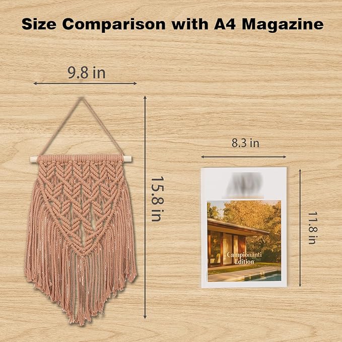 small macrame wall hanging decor boho tapestry for bedroom living room dorm nursery and office, cute aesthetic wall art for small spaces for teen girls and home decor (toffee brown, 16*10 inch)