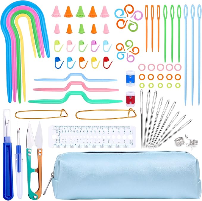 JUPEAN Knitting Kit Knitting Accessories Kit Knit Supplies Kits with Knitting Stitch Holders Stitch Markers Plastic Sewing Needles Seam Ripper Cable Needles for Weaving Sewing