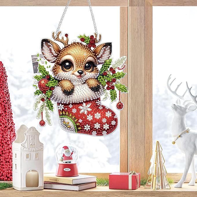 Bowetile Christmas Diamond Art Hanging Kits for Adults, 5D Special Shape Diamond Painting Kits Deer, Crystal Gem Painting Arts and Crafts for Christmas Gifts for Home Garden Decor
