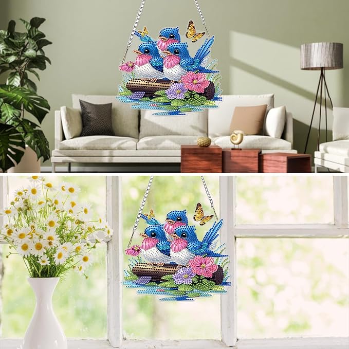 MXJSUA Blue Birds Diamond Art Hanging Kits for Adults Beginners, DIY Acrylic Special Shaped Crystal Animals Diamond Gem Art Pendant Drills Painting Ornament for Home Wall Decor and Gift