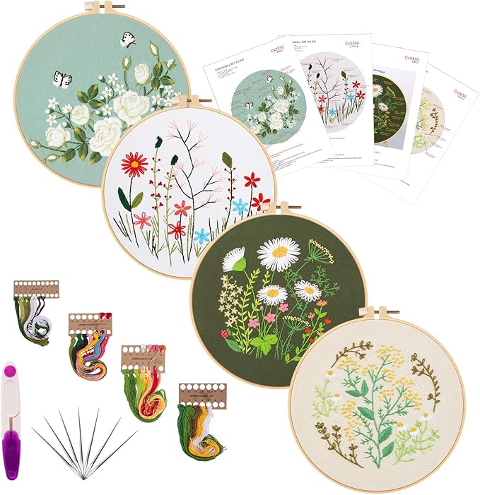 Picoey Embroidery Starters Kit with Pattern for Beginners, 4 Pack Cross Stitch Kits, 2 Wooden Embroidery Hoops,Scissors,Needles and Color Threads,Needlepoint Kit for Adults