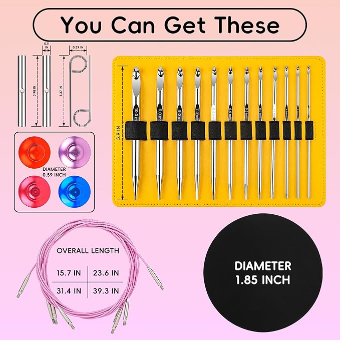 Tunisian Crochet Hooks Set - Tunisian Crochet Hook, Interchangeable Metal Tunisian Crochet Hooks Set with Cable, Tunisian Crochet Hooks, Nickel Plated Aluminum, Ergonomic 3mm-10mm, 26-Piece Set