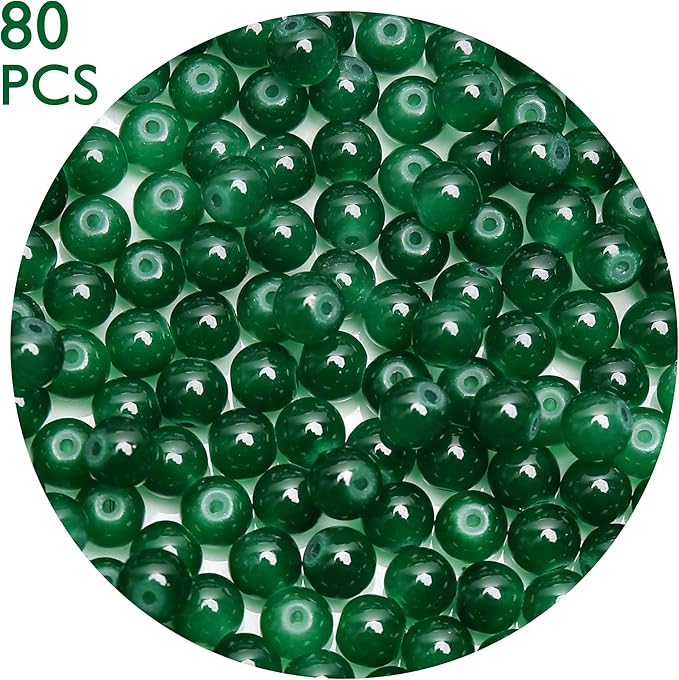80PCs 10mm Deep Green Jade Glass Beads Bulk, Round Smooth Hole Glass Crystal Beads for Jewelry Making, DIY Bracelets, Necklaces, Bag Charms, Keychains and Craft Projects