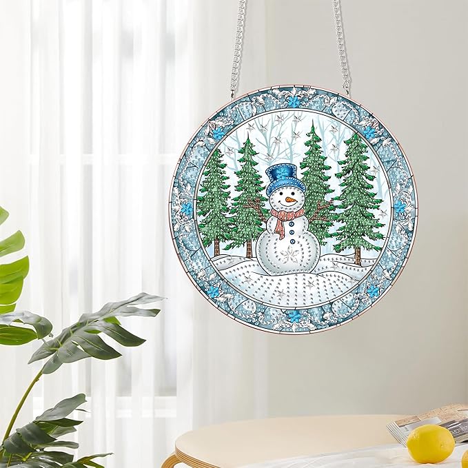 Reofrey Hanging Diamond Art Kits for Adults - 8x8 Inch Christmas Snowman Acrylic Board Double Sided Pattern Crystal Small Diamond Art Suncatcher Pendant, for Home Wall Window Decoration Handmade Gift
