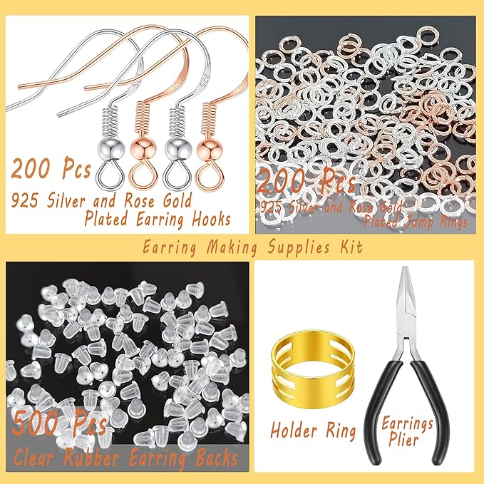 MAIBAOTA Hypoallergenic Earring Hooks, 602 Pcs Silver and Rose Golden Plated Earring Hook, Earring Kit Include Earring Backs, Jump Rings, Earring Findings, DIY Jewelry Making Tools