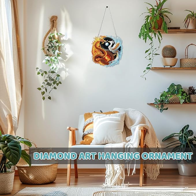 MEIYUDA Dargon Phoenix Diamond Art Hanging Kits for Adult, Yin Yang Diamond Painting Hanging Kits Ornaments, DIY Special Shaped Rhinestone Window Pendants Kit for Home Garden Wall Decor Gift