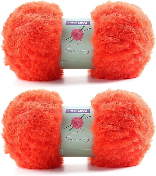 2 Skeins Faux Fur Yarn Soft Fluffy for Crocheting - Chunky Fuzzy Yarn for Crochet Amigurumi, Hat, Shawls, Total Length (71x2) Yards (Orange Red)