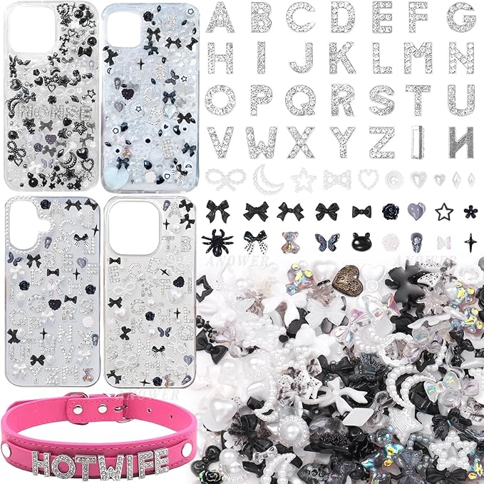 330 Pcs Junk Phone Case Charms 26 Pcs A-Z Rhinestone Alphabet Letter Charm, Mix Black White Flower Bow Heart Pearls Flatback Resin Charms Letter Junk Cases Kit for DIY Crafts