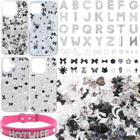 330 Pcs Junk Phone Case Charms 26 Pcs A-Z Rhinestone Alphabet Letter Charm, Mix Black White Flower Bow Heart Pearls Flatback Resin Charms Letter Junk Cases Kit for DIY Crafts