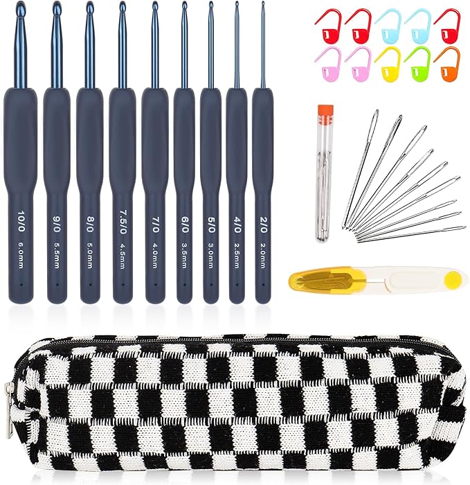Aeelike 31pcs Crochet Hook Set, Classic Navy Crochet Needles Ergonomic with Grips for Arthritic Hands, Crocheting Kit with Knitting Supplies & Black White Case, Ideal Gift for Hand Beginner Lover