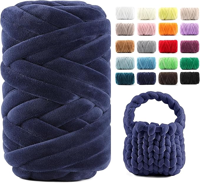 Chunky Yarn for Hand Knitting & Arm Knitting - 0.66lb Super Bulky Velvet Chenille Tube Yarn for DIY Pillows, Pet Beds, Baskets & Home Decor | No Tools Needed, Machine Washable, Navy Blue,1 Pack