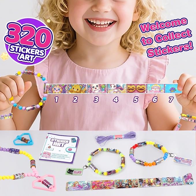 plunack diy jewelry making kits bracelets for kids, stickers set, includes beads & charms & pendants, 320pcs wearable & shareable stickers rolls for ages 5+ and up, birthday gift for girls