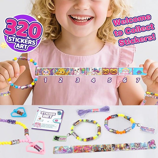 plunack diy jewelry making kits bracelets for kids, stickers set, includes beads & charms & pendants, 320pcs wearable & shareable stickers rolls for ages 5+ and up, birthday gift for girls