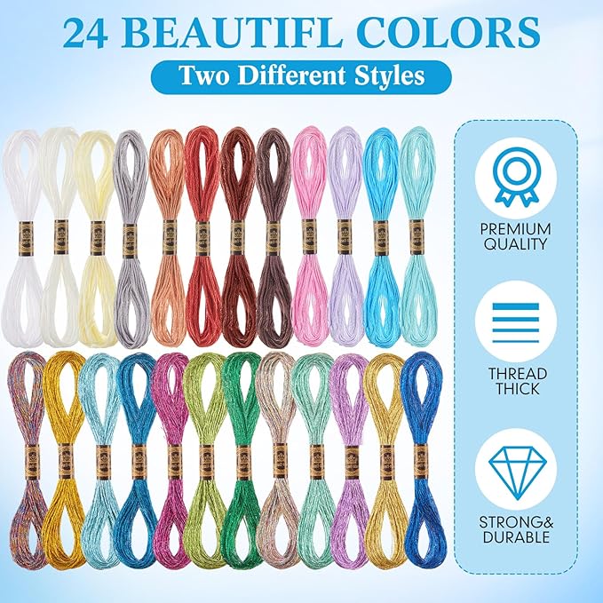 WILLBOND 24 Pcs Metallic & Cotton Embroidery Floss, 24 Vibrant Colors, Polyester Blend, 8.75 Yards Each, Ideal for Embroidery, Cross-Stitch, DIY Crafts