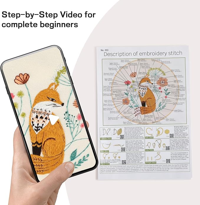 JOINRUN Beginner Embroidery Kit for Adults, Fox Cross Stitch Kits with 7.9" Hoop, Threads, Needles, Learn Stitches with Pre-Printed Patterns, Video Tutorial, DIY Needlework Craft Gift for Women
