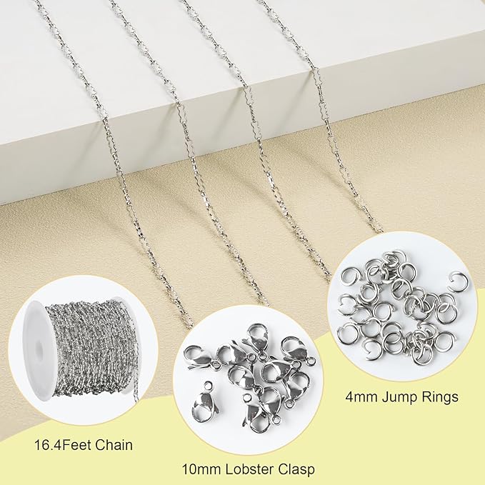 SMYHTGLIF 5 Meters Silver Soldered Peanut Chain for Jewelry Making Stainless Steel Bulk Chain Roll with Lobster Clasps and Jump Rings