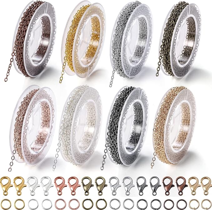 St.Kunkka 78.74 Feet/24M Jewelry Making Chain Kit, Link Cable Chain Roll 2mm with 240Pcs Jump Rings and 80Pcs Lobster Clasps in 8 Colors for DIY Necklace Earring and Bracelet Crafts