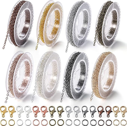 St.Kunkka 78.74 Feet/24M Jewelry Making Chain Kit, Link Cable Chain Roll 2mm with 240Pcs Jump Rings and 80Pcs Lobster Clasps in 8 Colors for DIY Necklace Earring and Bracelet Crafts
