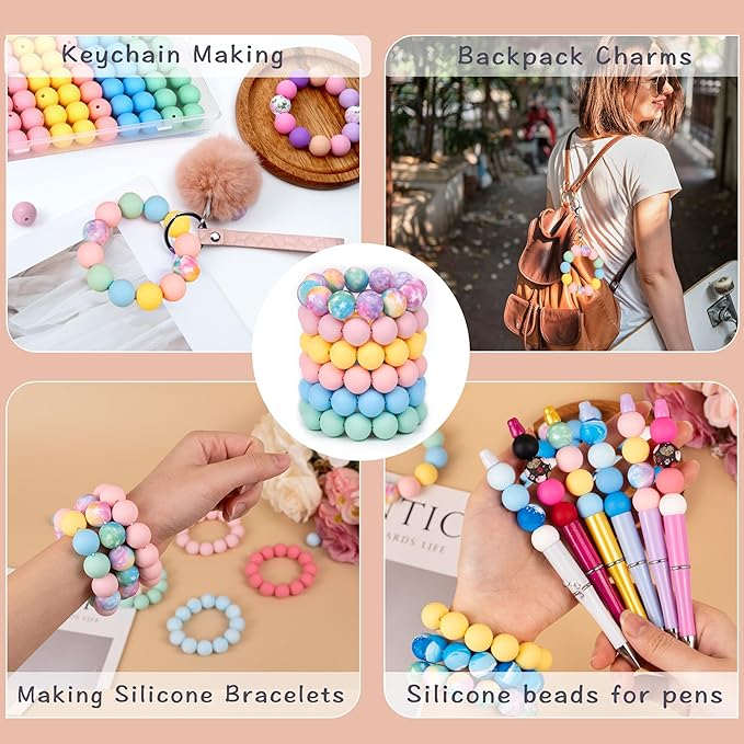 120 Pcs Silicone Beads for Keychain Making 15mm Bracelets Yellow Green Blue Mixed 6 Colors Silicone Round Beads Bulk for Crafts Pens Making