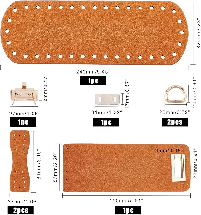 PandaHall DIY PU Leather Bag Knitting Set, Leather Bag Bottom/26” Shoulder Strap/Twist Lock/Flap Cover/Bag Buckles for Crochet Handbag Tote Shoulder Bags, Camel(7 Kinds of Accessories)