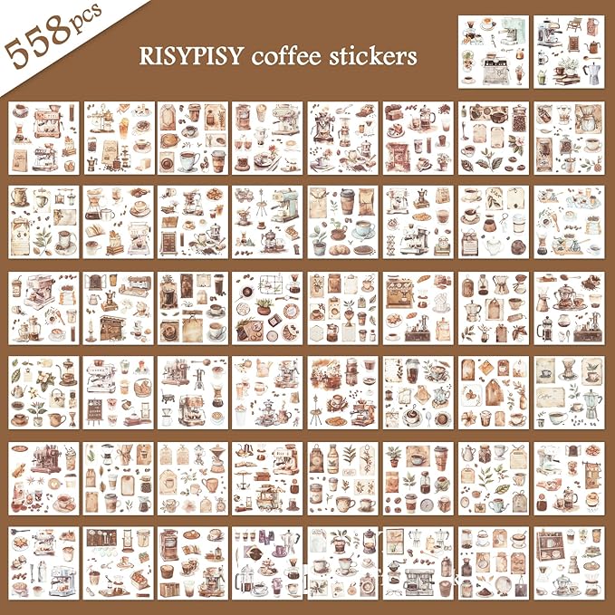 RISYPISY Pre-Cut Coffee Sticker for Scrapbooks 50 Sheet-558pcs Washi Journaling Stickers Ephemera for Junk Journal Supplies Scrapbooking Supplies for Bujo Planner Collage Crafts