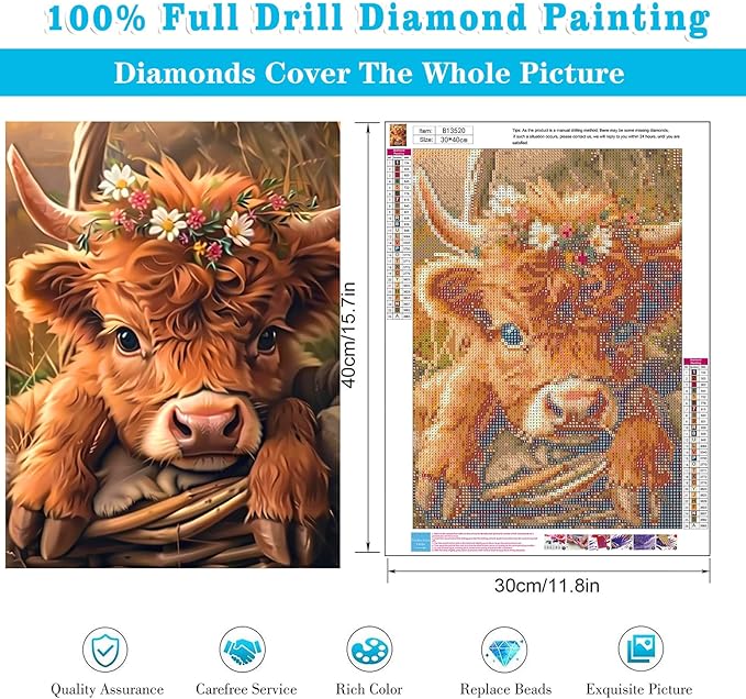 Highland Cow Diamond Painting Kits for Adults Beginners - Cow Diamond Art Kits for Adults, Full Drill DIY 5D Diamond Painting Cows Baby Gem Art Crafts Kits for Home Wall Decor 12x16 in