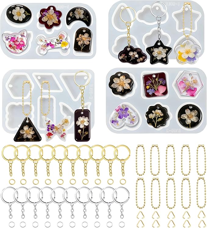 Resin Jewelry Molds, Keychain Resin Molds Silicone with Hole, 4 Styles Arc Edge Pendant Silicone Molds for Epoxy Resin Jewelry, Earring, Necklace, Keychain Making Kit