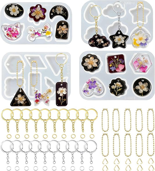 Resin Jewelry Molds, Keychain Resin Molds Silicone with Hole, 4 Styles Arc Edge Pendant Silicone Molds for Epoxy Resin Jewelry, Earring, Necklace, Keychain Making Kit