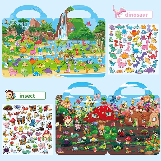 kalysky 6 set reusable sticker books for toddlers 1-3 2-4, kids 3d puffy stickers (dinosaurs, forest, town, pets, construction, insects), sticker activity books