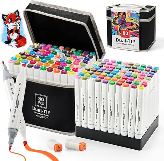 Alcohol Markers Set 80 Colors, Dual Tip Art Markers Alcohol Based, Chisel & Fine Tip Coloring Markers for Adult Coloring Books, Sketching, Drawing, Illustration, Art Supplies