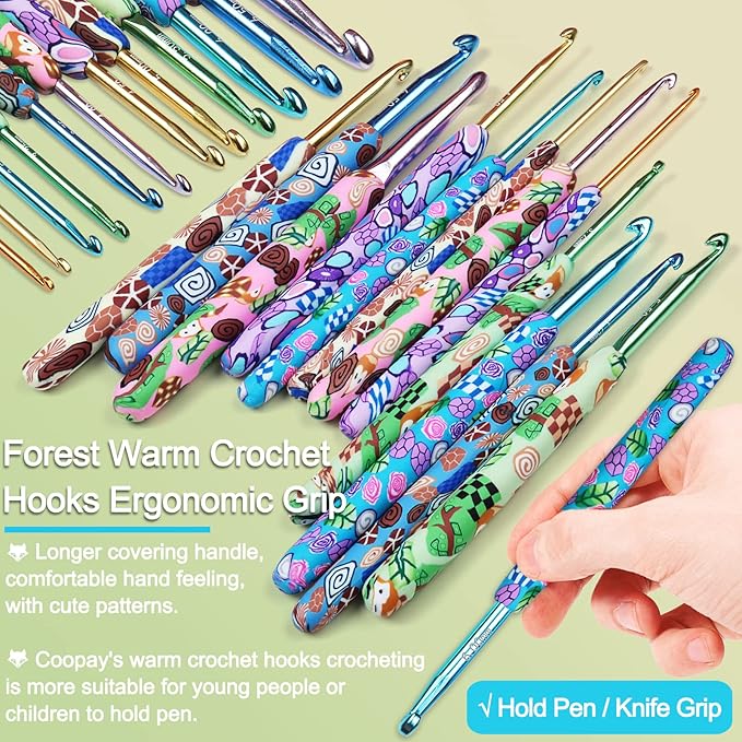Coopay 12 Sizes Crochet Hooks Set with Case, Comfort & Sturdy Forest Crochet Hooks Ergonomic Soft Grip for Crocheting Yarn, Crochet Counter Track Stitches, Ideal Crochet Starter Kit