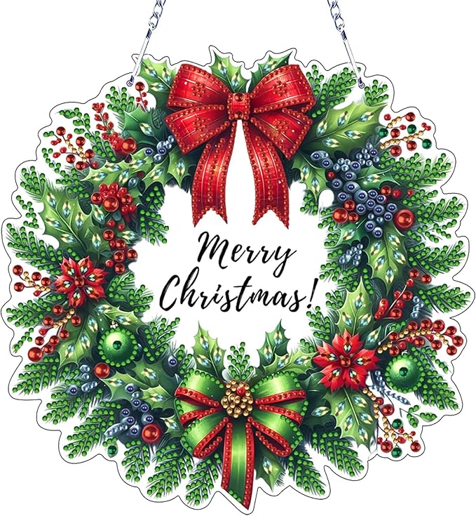 VODAPYC Christmas Wreath Diamond Art Hanging Kit for Adults, DIY Double Sided Special Shaped Diamonds Art Window Pendant Ornament for Home Decor(Christmas Wreath-1)