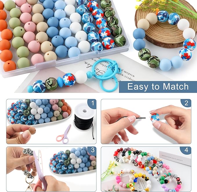 70Pcs Print Silicone Beads for Keychain Making,Round 15mm Silicone Beads for Pens, Necklace and Bracelets Making（Camouflage Print）