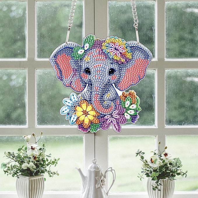 Elephant Diamond Painting Hanging Kit, DIY 5D Crystal Acrylic Pendant Ornament, Diamond Art Window and Wall Hanging for Adults, Elephant DIY Diamond Painting Art, Handmade Home Décor Gift