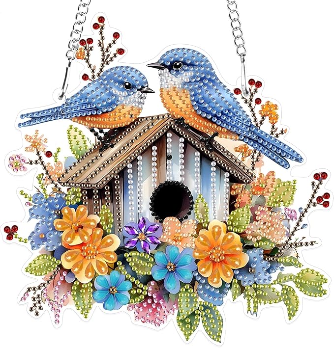 MXJSUA Flower Birdhouse Special Shaped Hanging Diamond Painting Art Kits for Adults, Crystal Rhinestone Acrylic Gem Art Pendant Ornaments Kit for Home Decoration and Gift