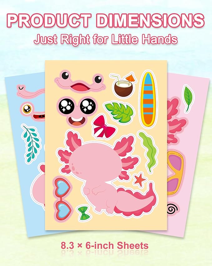 aowplc 32 sheets axolotl make-a-face stickers mix 'n match crafts for kids axolotl party favors & activities