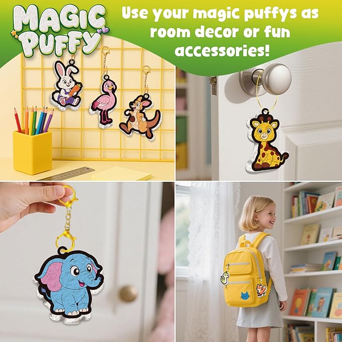 3D Art Kit Aqua Magic Puffs Animals, 15 Mess-Free Paint by Number Craft for Kids, DIY Coloring Kits,Christmas&Travel Gifts & Stocking Stuffer for Girls and Boys, Art Projects with Puff Markers
