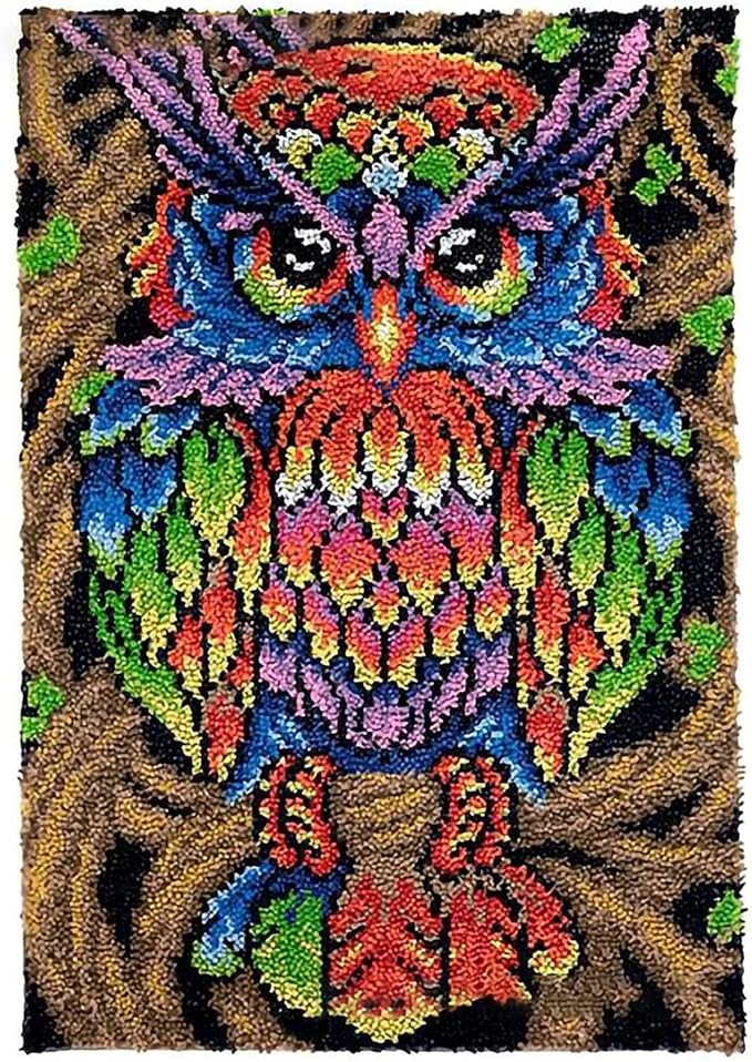 Latch Hook Rug Kits for Adults, Colorful Owl with Preprinted Canvas Pattern DIY Carpet Tapestry Rug Cushion Yarn Needlepoint, 22.5X33.5Inch / 58X85cm