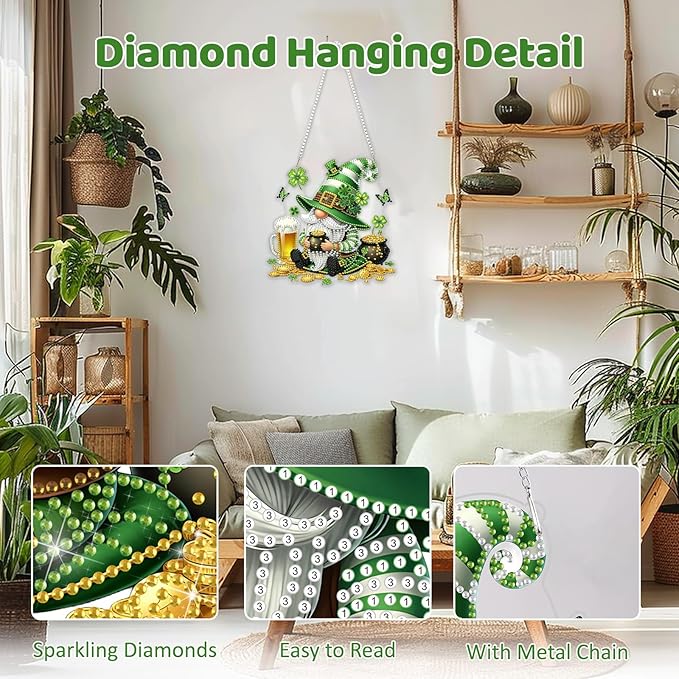 MEIYUDA St. Patrick's Day Hanging Diamond Art Kits for Adult, Beer Clover Gnome Diamond Painting Kits Ornaments, DIY Special Shaped Rhinestone Window Pendants kit for Home Garden Wall Decor Gift