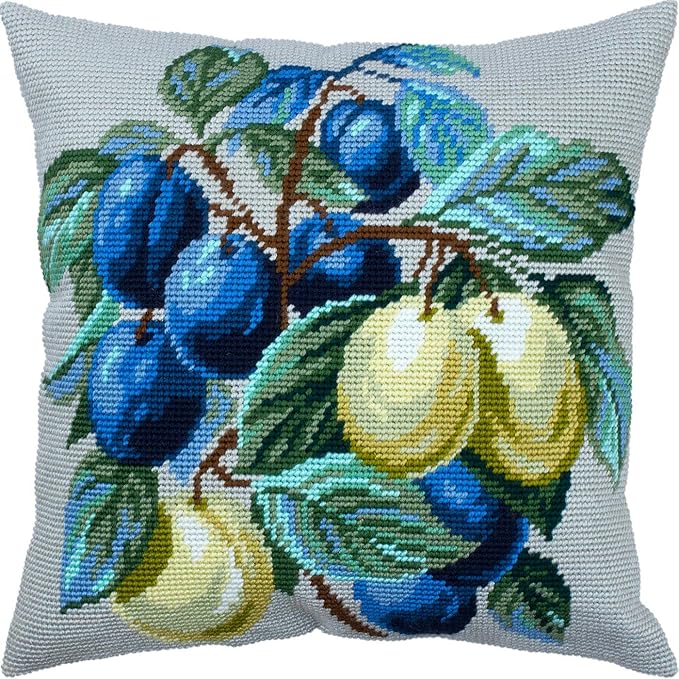 Plum Branches. Needlepoint Kit. Throw Pillow 16×16 Inches. Printed Tapestry Canvas, European Quality