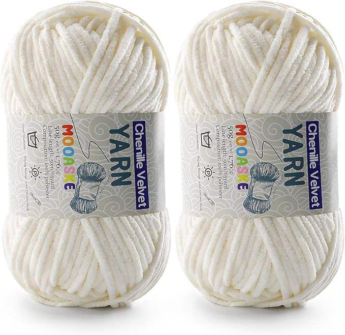 2 Pac Chenille Yarn for Crocheting - Fluffy Yarn for Crochet, Baby Yarn for Crocheting Soft Blankets - Weight Per Roll 50g/1.76oz, Length 60m/65yard (Milky White)